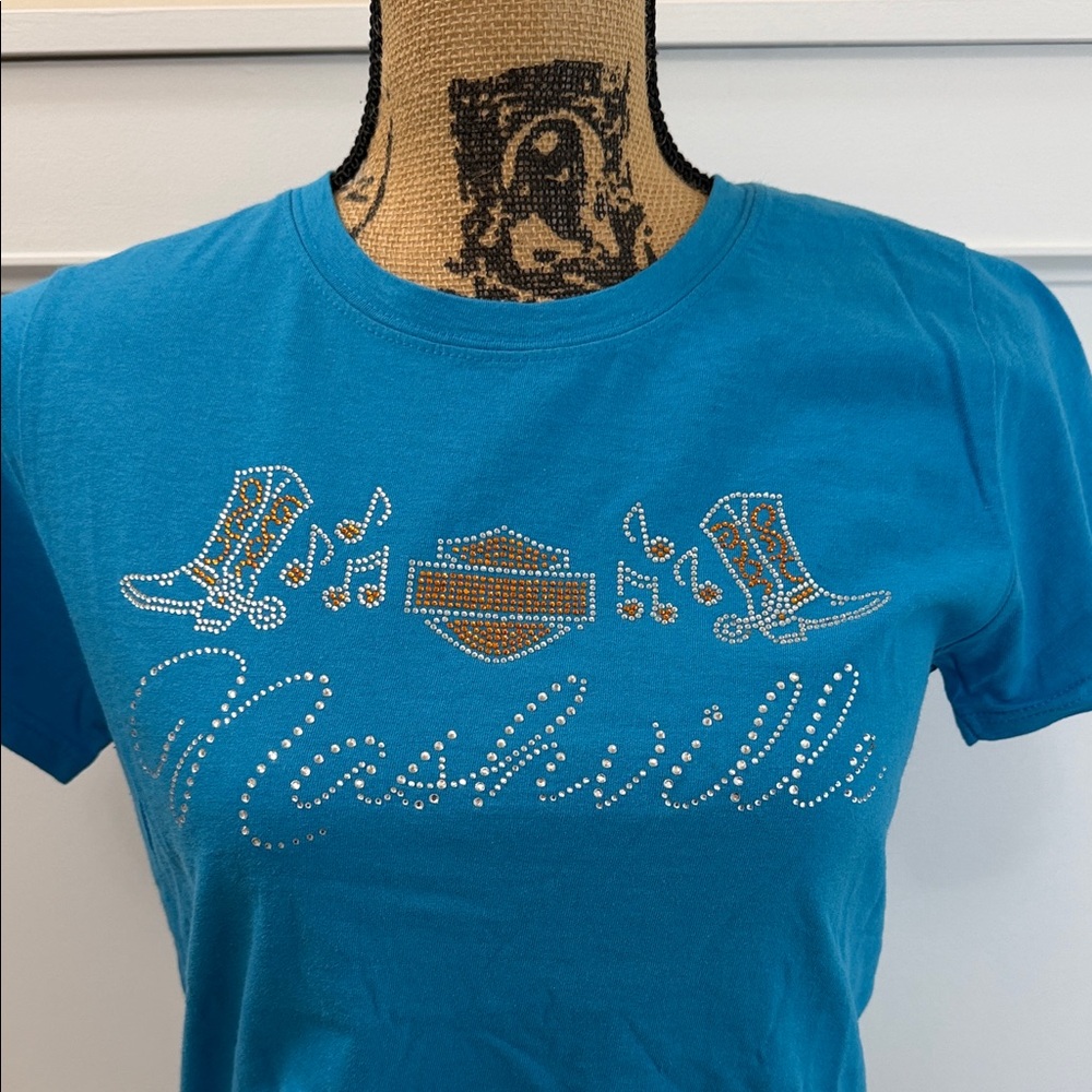 Harley-Davidson Blue Nashville Graphic Tee with rhinestones